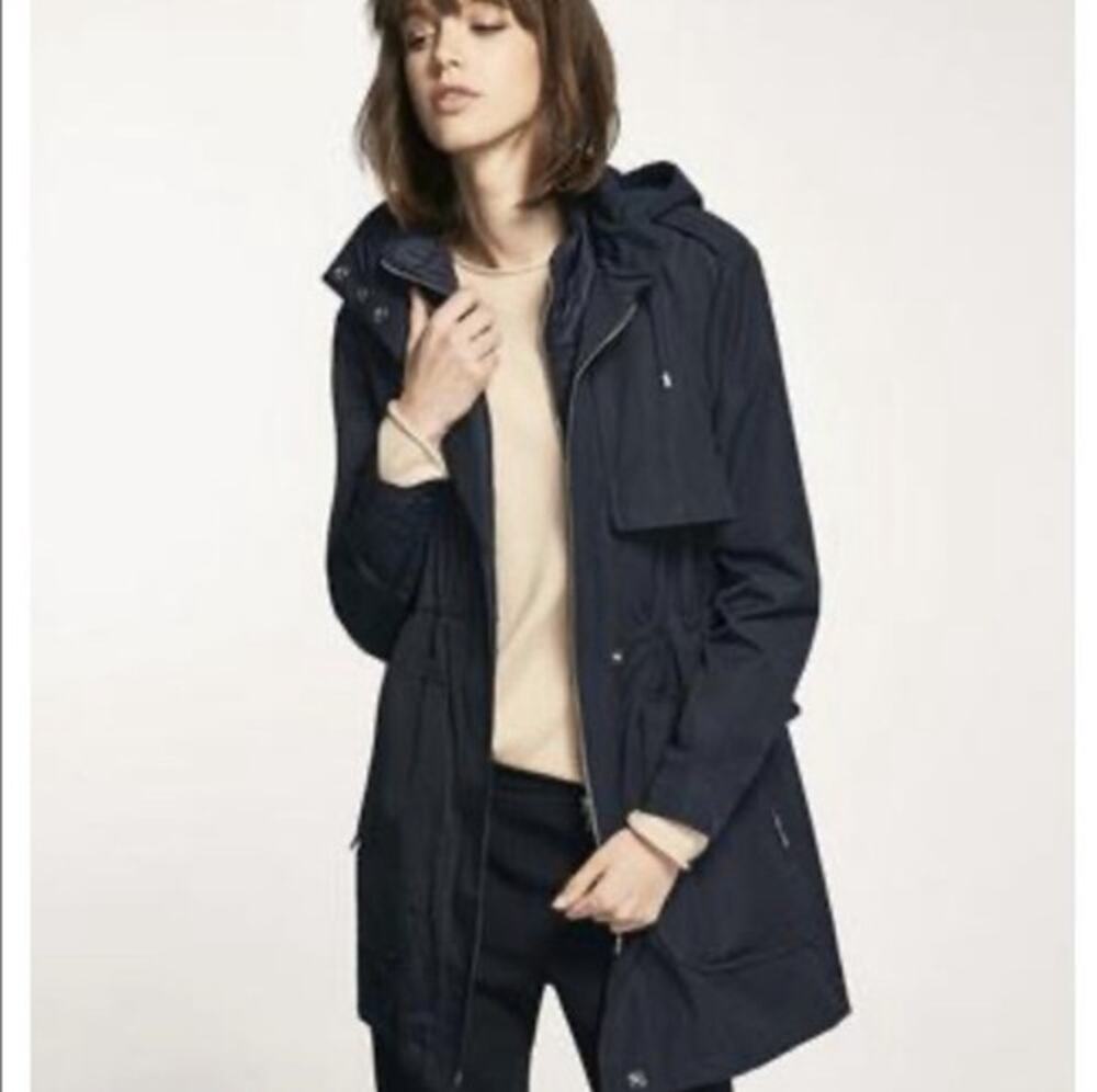 Massimo Dutti Technical Long Sleeve Full Zip Hooded Parka Jacket Navy Women's S